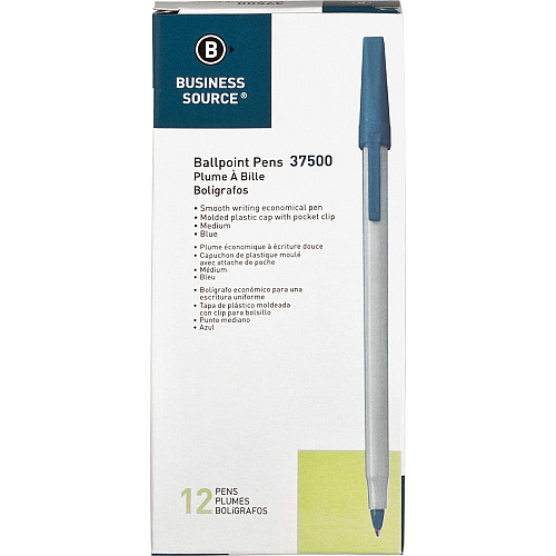 Business Source Medium Point Ballpoint Stick Pens Medium Pen Point - Blue Ink - Light Gray Barrel - Stainless Steel Tip - 1 Dozen (BSN37500)