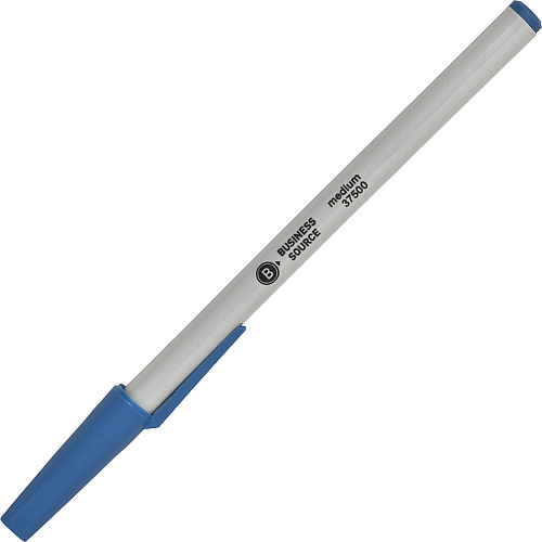 Business Source Medium Point Ballpoint Stick Pens Medium Pen Point - Blue Ink - Light Gray Barrel - Stainless Steel Tip - 1 Dozen (BSN37500)