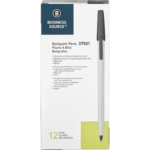 Business Source Medium Point Ballpoint Stick Pens Medium Pen Point - Black Ink - Light Gray Barrel - Stainless Steel Tip - 1 Dozen (BSN37501)