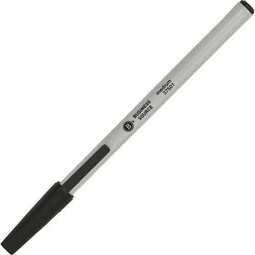 Business Source Medium Point Ballpoint Stick Pens Medium Pen Point - Black Ink - Light Gray Barrel - Stainless Steel Tip - 1 Dozen (BSN37501)