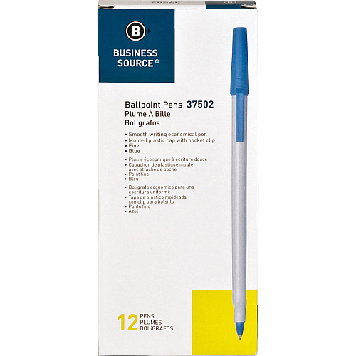 Business Source Fine Point Ballpoint Stick Pens Fine Pen Point - Blue Ink - Light Gray Barrel - Stainless Steel Tip - 1 Dozen (BSN37502)