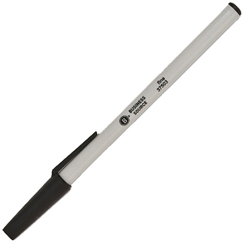 Business Source Fine Point Ballpoint Stick Pens Fine Pen Point - Black Ink - Light Gray Barrel - Stainless Steel Tip - 1 Dozen (BSN37503)