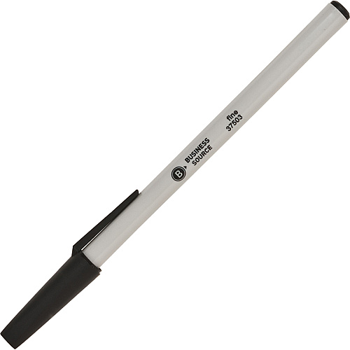 Business Source Fine Point Ballpoint Stick Pens Fine Pen Point - Black Ink - Light Gray Barrel - Stainless Steel Tip - 1 Dozen (BSN37503)
