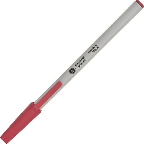 Business Source Medium Point Ballpoint Stick Pens Medium Pen Point - Red Ink - Light Gray Barrel - Stainless Steel Tip - 1 Dozen (BSN37504)