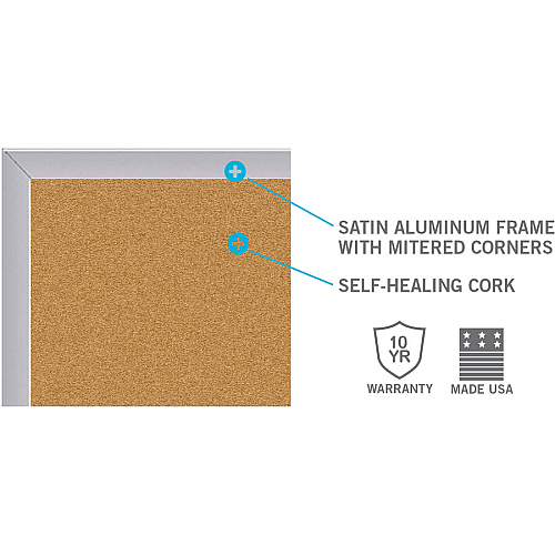 Ghent Natural Cork Bulletin Board with Aluminum Frame 48" Board Height x 10 ft Board Width - Natural Cork, Fiberboard Surface - Self-healing, Laminated, Long Lasting, Rigid - Satin Aluminum Frame - 1 Each - TAA Compliant (AK410)
