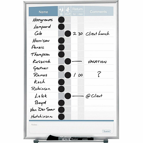 Quartet Matrix 15-employee In/Out Board 16" Board Height x 11" Board Width - White Natural Cork Surface - Magnetic, Durable - Silver Frame - 1 Each (33703)