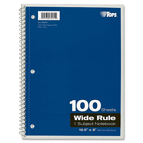 TOPS Wide Rule 1-subject Spiral Notebook 100 Sheets - Wire Bound - 10 1/2" x 8" Sheet Size - 0.25" Height x 8" Width x 10.5" Length - Assorted Paper - Black Card Stock, Red, Blue, Green, Purple Cover - Perforated, Subject, Easy Tear, Durable Cover (65031)