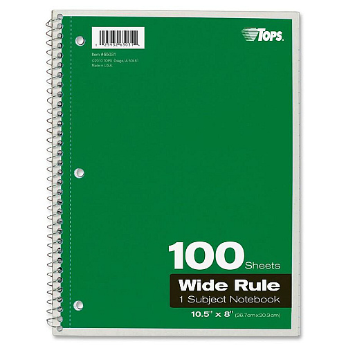 TOPS Wide Rule 1-subject Spiral Notebook 100 Sheets - Wire Bound - 10 1/2" x 8" Sheet Size - 0.25" Height x 8" Width x 10.5" Length - Assorted Paper - Black Card Stock, Red, Blue, Green, Purple Cover - Perforated, Subject, Easy Tear, Durable Cover (65031)