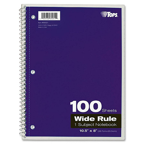 TOPS Wide Rule 1-subject Spiral Notebook 100 Sheets - Wire Bound - 10 1/2" x 8" Sheet Size - 0.25" Height x 8" Width x 10.5" Length - Assorted Paper - Black Card Stock, Red, Blue, Green, Purple Cover - Perforated, Subject, Easy Tear, Durable Cover (65031)
