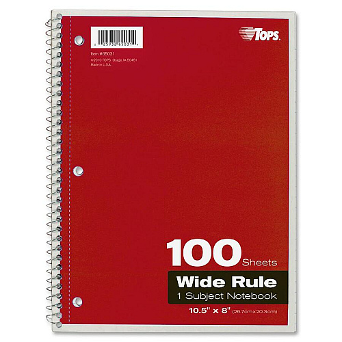 TOPS Wide Rule 1-subject Spiral Notebook 100 Sheets - Wire Bound - 10 1/2" x 8" Sheet Size - 0.25" Height x 8" Width x 10.5" Length - Assorted Paper - Black Card Stock, Red, Blue, Green, Purple Cover - Perforated, Subject, Easy Tear, Durable Cover (65031)