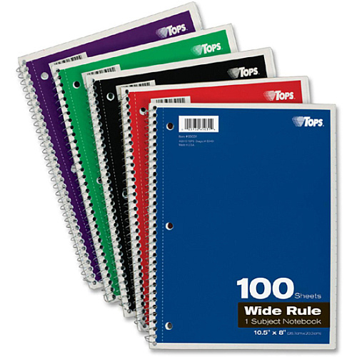 TOPS Wide Rule 1-subject Spiral Notebook 100 Sheets - Wire Bound - 10 1/2" x 8" Sheet Size - 0.25" Height x 8" Width x 10.5" Length - Assorted Paper - Black Card Stock, Red, Blue, Green, Purple Cover - Perforated, Subject, Easy Tear, Durable Cover (65031)