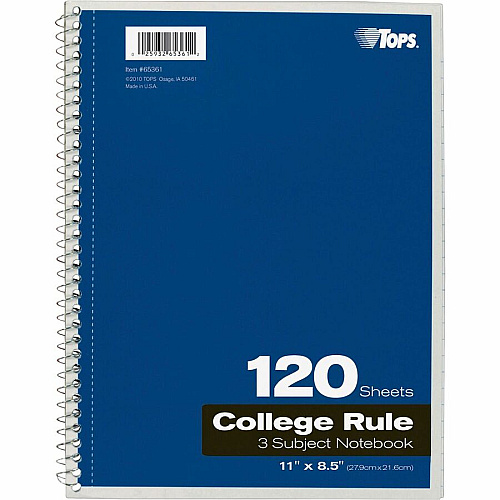 TOPS 3 - subject College Ruled Notebook - Letter 120 Sheets - Wire Bound - Letter - 8 1/2" x 11" Sheet Size - 0.25" Height x 8.5" Width x 11" Length - Assorted Paper - Black, Red, Blue, Green, Purple Cover - Divider, Perforated - 1 Each (65361)