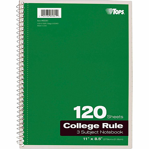 TOPS 3 - subject College Ruled Notebook - Letter 120 Sheets - Wire Bound - Letter - 8 1/2" x 11" Sheet Size - 0.25" Height x 8.5" Width x 11" Length - Assorted Paper - Black, Red, Blue, Green, Purple Cover - Divider, Perforated - 1 Each (65361)