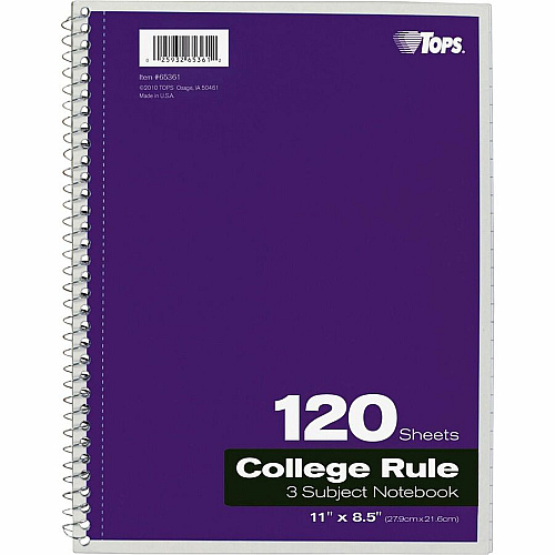 TOPS 3 - subject College Ruled Notebook - Letter 120 Sheets - Wire Bound - Letter - 8 1/2" x 11" Sheet Size - 0.25" Height x 8.5" Width x 11" Length - Assorted Paper - Black, Red, Blue, Green, Purple Cover - Divider, Perforated - 1 Each (65361)