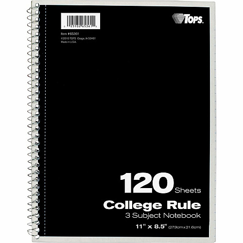 TOPS 3 - subject College Ruled Notebook - Letter 120 Sheets - Wire Bound - Letter - 8 1/2" x 11" Sheet Size - 0.25" Height x 8.5" Width x 11" Length - Assorted Paper - Black, Red, Blue, Green, Purple Cover - Divider, Perforated - 1 Each (65361)
