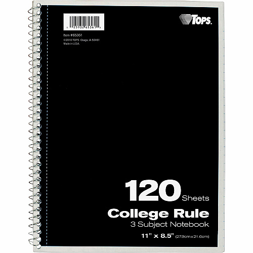 TOPS 3 - subject College Ruled Notebook - Letter 120 Sheets - Wire Bound - Letter - 8 1/2" x 11" Sheet Size - 0.25" Height x 8.5" Width x 11" Length - Assorted Paper - Black, Red, Blue, Green, Purple Cover - Divider, Perforated - 1 Each (65361)