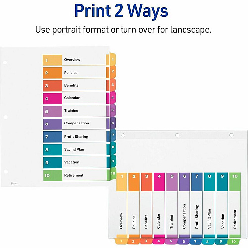 Avery Dividers, 10 Tabs, Ready Index 30 x Divider(s) - 30 Tab(s) - Digit - 1-10 - 10 Tab(s)/Set - 8.5" Divider Width x 11" Divider Length - 3 Hole Punched - White Paper Divider - Multicolor Paper Tab(s) - 0% - Hole-punched, Printable, Re (3 Sets of 11072)