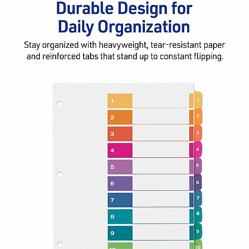Avery Dividers, 10 Tabs, Ready Index 30 x Divider(s) - 30 Tab(s) - Digit - 1-10 - 10 Tab(s)/Set - 8.5" Divider Width x 11" Divider Length - 3 Hole Punched - White Paper Divider - Multicolor Paper Tab(s) - 0% - Hole-punched, Printable, Re (3 Sets of 11072)