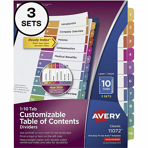 Avery Dividers, 10 Tabs, Ready Index 30 x Divider(s) - 30 Tab(s) - Digit - 1-10 - 10 Tab(s)/Set - 8.5" Divider Width x 11" Divider Length - 3 Hole Punched - White Paper Divider - Multicolor Paper Tab(s) - 0% - Hole-punched, Printable, Re (3 Sets of 11072)