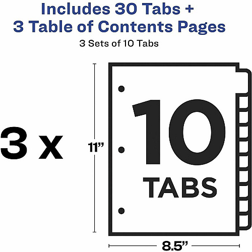 Avery Dividers, 10 Tabs, Ready Index 30 x Divider(s) - 30 Tab(s) - Digit - 1-10 - 10 Tab(s)/Set - 8.5" Divider Width x 11" Divider Length - 3 Hole Punched - White Paper Divider - Multicolor Paper Tab(s) - 0% - Hole-punched, Printable, Re (3 Sets of 11072)