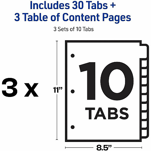 Avery Dividers, 10 Tabs, Ready Index 30 x Divider(s) - 30 Tab(s) - Digit - 1-10 - 10 Tab(s)/Set - 8.5" Divider Width x 11" Divider Length - 3 Hole Punched - White Paper Divider - White Paper Tab(s) - 0% - Hole-punched, Printable, Hole Re (3 Sets of 11077)