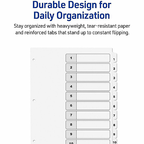 Avery Dividers, 10 Tabs, Ready Index 30 x Divider(s) - 30 Tab(s) - Digit - 1-10 - 10 Tab(s)/Set - 8.5" Divider Width x 11" Divider Length - 3 Hole Punched - White Paper Divider - White Paper Tab(s) - 0% - Hole-punched, Printable, Hole Re (3 Sets of 11077)