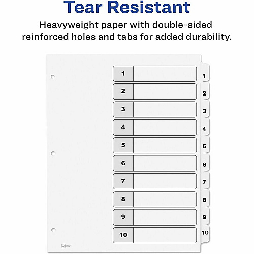 Avery Dividers, 10 Tabs, Ready Index 30 x Divider(s) - 30 Tab(s) - Digit - 1-10 - 10 Tab(s)/Set - 8.5" Divider Width x 11" Divider Length - 3 Hole Punched - White Paper Divider - White Paper Tab(s) - 0% - Hole-punched, Printable, Hole Re (3 Sets of 11077)