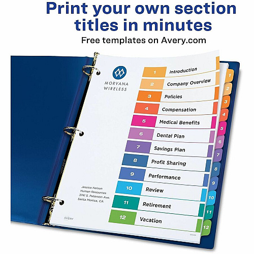 Avery Dividers, 12 Tabs, Ready Index 36 x Divider(s) - 36 Tab(s) - Digit - 1-12 - 12 Tab(s)/Set - 8.5" Divider Width x 11" Divider Length - 3 Hole Punched - White Paper Divider - Multicolor Paper Tab(s) - Hole-punched, Printable, Reinfor (3 Sets of 11073)