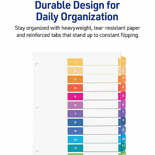 Avery Dividers, 12 Tabs, Ready Index 36 x Divider(s) - 36 Tab(s) - Digit - 1-12 - 12 Tab(s)/Set - 8.5" Divider Width x 11" Divider Length - 3 Hole Punched - White Paper Divider - Multicolor Paper Tab(s) - Hole-punched, Printable, Reinfor (3 Sets of 11073)