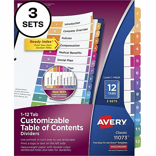 Avery Dividers, 12 Tabs, Ready Index 36 x Divider(s) - 36 Tab(s) - Digit - 1-12 - 12 Tab(s)/Set - 8.5" Divider Width x 11" Divider Length - 3 Hole Punched - White Paper Divider - Multicolor Paper Tab(s) - Hole-punched, Printable, Reinfor (3 Sets of 11073)