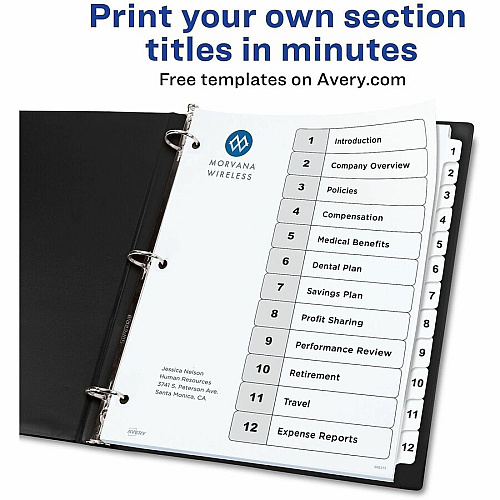 Avery Dividers, 12 Tabs, Ready Index 36 x Divider(s) - 36 Tab(s) - Digit - 1-12 - 12 Tab(s)/Set - 8.5" Divider Width x 11" Divider Length - 3 Hole Punched - White Paper Divider - White Paper Tab(s) - Hole-punched, Printable, Pre-printed, (3 Sets of 11078)
