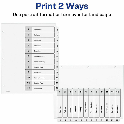 Avery Dividers, 12 Tabs, Ready Index 36 x Divider(s) - 36 Tab(s) - Digit - 1-12 - 12 Tab(s)/Set - 8.5" Divider Width x 11" Divider Length - 3 Hole Punched - White Paper Divider - White Paper Tab(s) - Hole-punched, Printable, Pre-printed, (3 Sets of 11078)