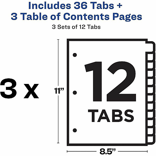 Avery Dividers, 12 Tabs, Ready Index 36 x Divider(s) - 36 Tab(s) - Digit - 1-12 - 12 Tab(s)/Set - 8.5" Divider Width x 11" Divider Length - 3 Hole Punched - White Paper Divider - White Paper Tab(s) - Hole-punched, Printable, Pre-printed, (3 Sets of 11078)
