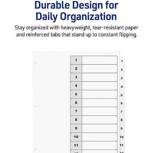 Avery Dividers, 12 Tabs, Ready Index 36 x Divider(s) - 36 Tab(s) - Digit - 1-12 - 12 Tab(s)/Set - 8.5" Divider Width x 11" Divider Length - 3 Hole Punched - White Paper Divider - White Paper Tab(s) - Hole-punched, Printable, Pre-printed, (3 Sets of 11078)