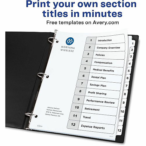 Avery Dividers, 12 Tabs, Ready Index 36 x Divider(s) - 36 Tab(s) - Digit - 1-12 - 12 Tab(s)/Set - 8.5" Divider Width x 11" Divider Length - 3 Hole Punched - White Paper Divider - White Paper Tab(s) - Hole-punched, Printable, Pre-printed, (3 Sets of 11078)