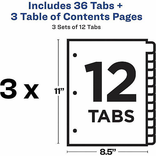 Avery Dividers, 12 Tabs, Ready Index 36 x Divider(s) - 36 Tab(s) - Digit - 1-12 - 12 Tab(s)/Set - 8.5" Divider Width x 11" Divider Length - 3 Hole Punched - White Paper Divider - White Paper Tab(s) - Hole-punched, Printable, Pre-printed, (3 Sets of 11078)