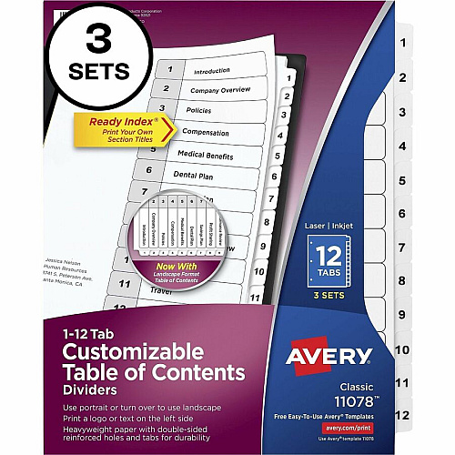 Avery Dividers, 12 Tabs, Ready Index 36 x Divider(s) - 36 Tab(s) - Digit - 1-12 - 12 Tab(s)/Set - 8.5" Divider Width x 11" Divider Length - 3 Hole Punched - White Paper Divider - White Paper Tab(s) - Hole-punched, Printable, Pre-printed, (3 Sets of 11078)
