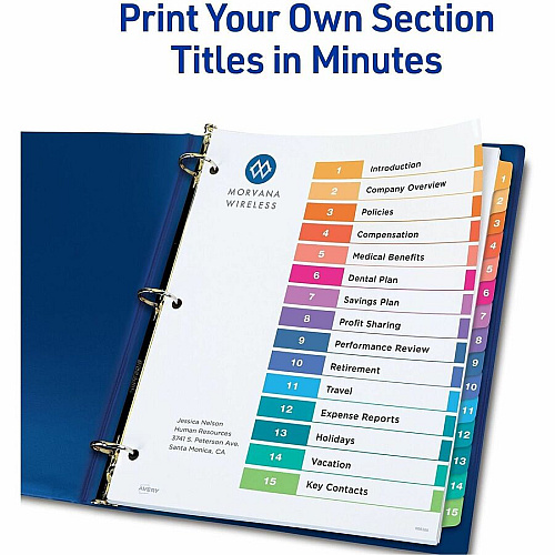 Avery Dividers, 15 Tabs, Ready Index, 45 x Divider(s) - 45 Tab(s) - Digit - 1-15 - 15 Tab(s)/Set - 8.5" Divider Width x 11" Divider Length - 3 Hole Punched - White Paper Divider - Multicolor Paper Tab(s) - Hole-punched, Printable, Reinfo (3 Sets of 11074)
