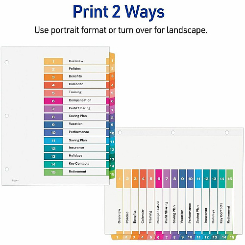 Avery Dividers, 15 Tabs, Ready Index, 45 x Divider(s) - 45 Tab(s) - Digit - 1-15 - 15 Tab(s)/Set - 8.5" Divider Width x 11" Divider Length - 3 Hole Punched - White Paper Divider - Multicolor Paper Tab(s) - Hole-punched, Printable, Reinfo (3 Sets of 11074)