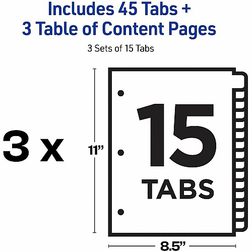 Avery Dividers, 15 Tabs, Ready Index, 45 x Divider(s) - 45 Tab(s) - Digit - 1-15 - 15 Tab(s)/Set - 8.5" Divider Width x 11" Divider Length - 3 Hole Punched - White Paper Divider - Multicolor Paper Tab(s) - Hole-punched, Printable, Reinfo (3 Sets of 11074)