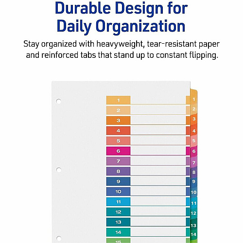 Avery Dividers, 15 Tabs, Ready Index, 45 x Divider(s) - 45 Tab(s) - Digit - 1-15 - 15 Tab(s)/Set - 8.5" Divider Width x 11" Divider Length - 3 Hole Punched - White Paper Divider - Multicolor Paper Tab(s) - Hole-punched, Printable, Reinfo (3 Sets of 11074)