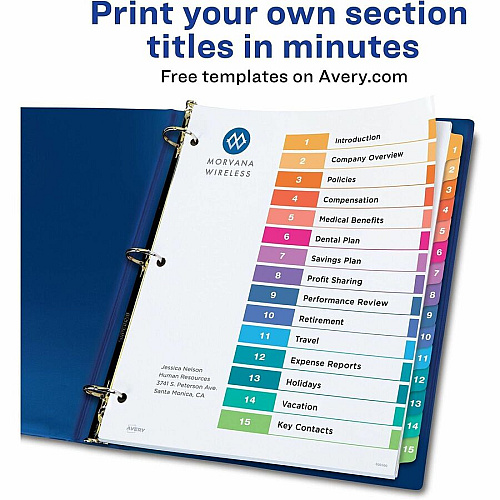 Avery Dividers, 15 Tabs, Ready Index, 45 x Divider(s) - 45 Tab(s) - Digit - 1-15 - 15 Tab(s)/Set - 8.5" Divider Width x 11" Divider Length - 3 Hole Punched - White Paper Divider - Multicolor Paper Tab(s) - Hole-punched, Printable, Reinfo (3 Sets of 11074)