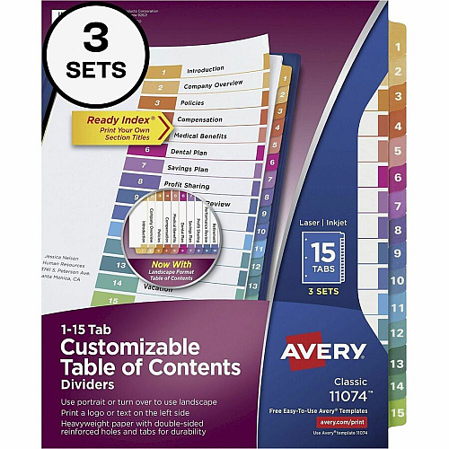 Avery Dividers, 15 Tabs, Ready Index, 45 x Divider(s) - 45 Tab(s) - Digit - 1-15 - 15 Tab(s)/Set - 8.5" Divider Width x 11" Divider Length - 3 Hole Punched - White Paper Divider - Multicolor Paper Tab(s) - Hole-punched, Printable, Reinfo (3 Sets of 11074)