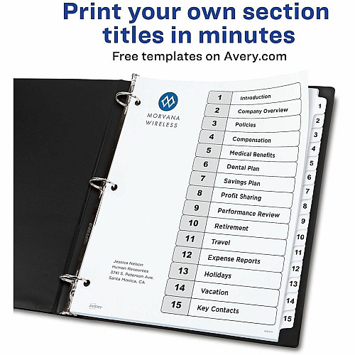 Avery Dividers, 15 Tabs, Ready Index 45 x Divider(s) - 45 Tab(s) - Digit - 1-15 - 15 Tab(s)/Set - 8.5" Divider Width x 11" Divider Length - 3 Hole Punched - White Paper Divider - White Paper Tab(s) - Hole-punched, Printable, Pre-printed, (3 Sets of 11079)