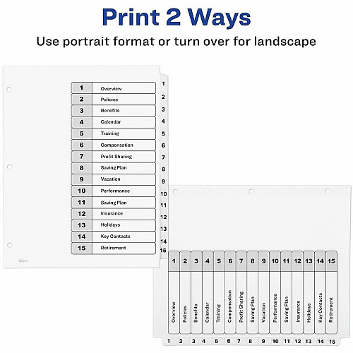 Avery Dividers, 15 Tabs, Ready Index 45 x Divider(s) - 45 Tab(s) - Digit - 1-15 - 15 Tab(s)/Set - 8.5" Divider Width x 11" Divider Length - 3 Hole Punched - White Paper Divider - White Paper Tab(s) - Hole-punched, Printable, Pre-printed, (3 Sets of 11079)