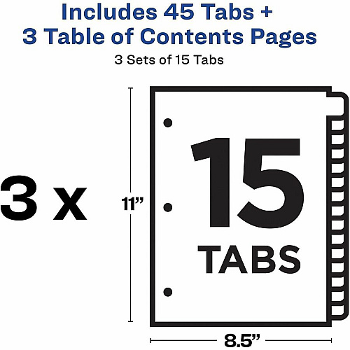 Avery Dividers, 15 Tabs, Ready Index 45 x Divider(s) - 45 Tab(s) - Digit - 1-15 - 15 Tab(s)/Set - 8.5" Divider Width x 11" Divider Length - 3 Hole Punched - White Paper Divider - White Paper Tab(s) - Hole-punched, Printable, Pre-printed, (3 Sets of 11079)