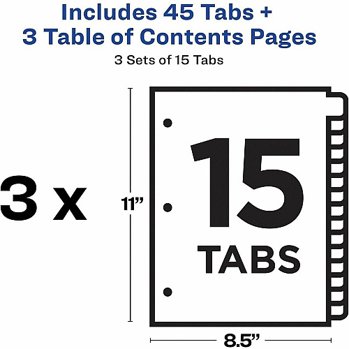 Avery Dividers, 15 Tabs, Ready Index 45 x Divider(s) - 45 Tab(s) - Digit - 1-15 - 15 Tab(s)/Set - 8.5" Divider Width x 11" Divider Length - 3 Hole Punched - White Paper Divider - White Paper Tab(s) - Hole-punched, Printable, Pre-printed, (3 Sets of 11079)