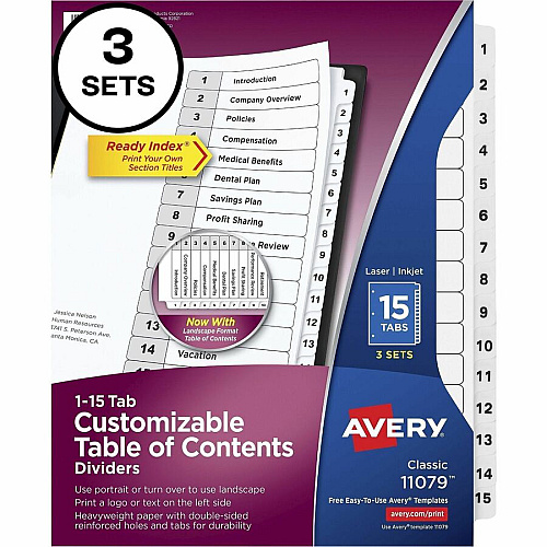 Avery Dividers, 15 Tabs, Ready Index 45 x Divider(s) - 45 Tab(s) - Digit - 1-15 - 15 Tab(s)/Set - 8.5" Divider Width x 11" Divider Length - 3 Hole Punched - White Paper Divider - White Paper Tab(s) - Hole-punched, Printable, Pre-printed, (3 Sets of 11079)