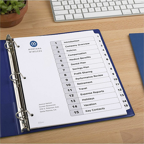 Avery Dividers, 15 Tabs, Ready Index 45 x Divider(s) - 45 Tab(s) - Digit - 1-15 - 15 Tab(s)/Set - 8.5" Divider Width x 11" Divider Length - 3 Hole Punched - White Paper Divider - White Paper Tab(s) - Hole-punched, Printable, Pre-printed, (3 Sets of 11079)
