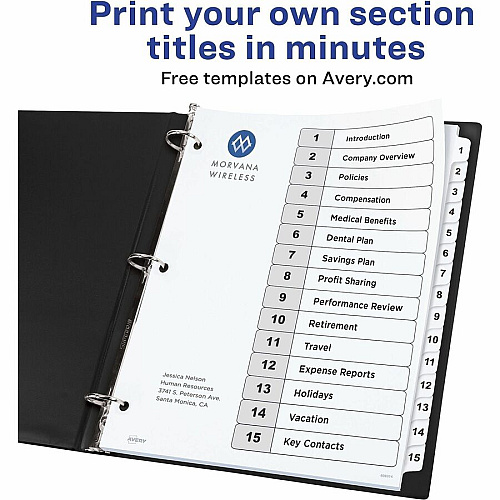 Avery Dividers, 15 Tabs, Ready Index 45 x Divider(s) - 45 Tab(s) - Digit - 1-15 - 15 Tab(s)/Set - 8.5" Divider Width x 11" Divider Length - 3 Hole Punched - White Paper Divider - White Paper Tab(s) - Hole-punched, Printable, Pre-printed, (3 Sets of 11079)